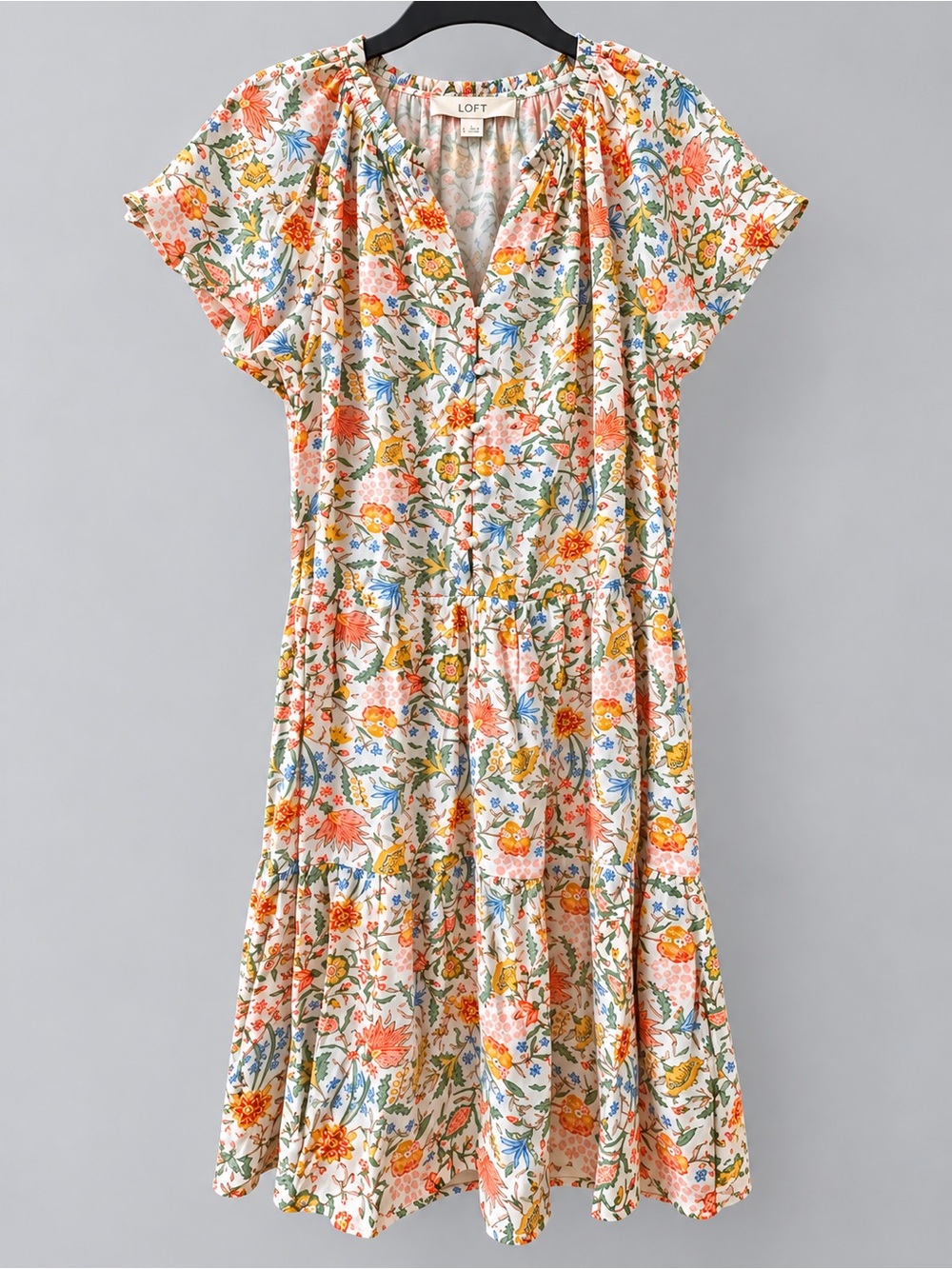 LOFT Floral Boho Midi Dress Flutter Sleeve Multicolor Size Large